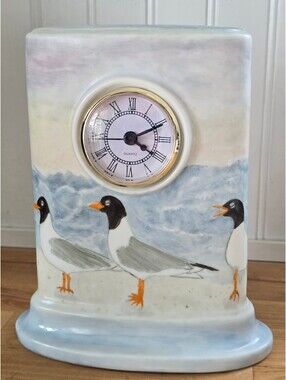 Vtg Porcelain Shelf Clock w/ Hand-Painted Seagull Design signed Battery not incl